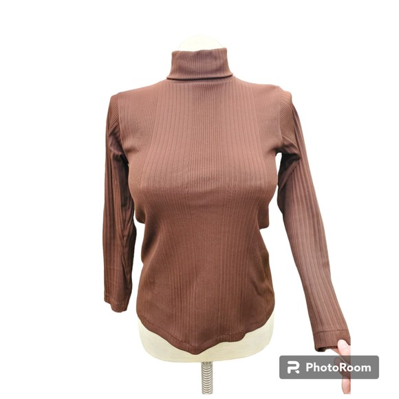 Vintage Sweaters - VINTAGE 1960s/1970s Ribbed Brown Turtle Neck with Zipper - Unisex Mens Womens